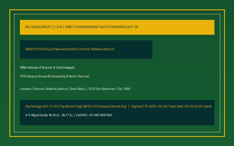 SRMIST KTR (Group B Specializations) (SRM Institute of Science & Technology – KTR Campus (Group B Computing & Aero), Chennai) B.Tech Admission 2027-28 Management Quota Fees & Placements