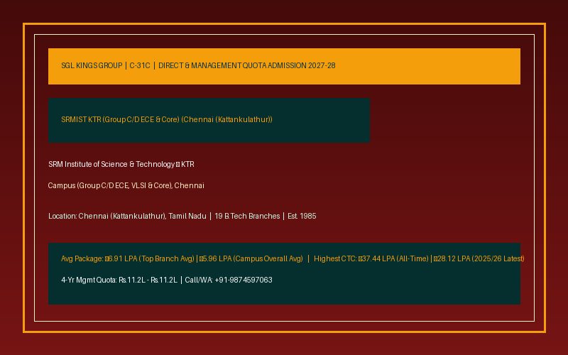 SRMIST KTR (Group C/D ECE & Core) (SRM Institute of Science & Technology – KTR Campus (Group C/D ECE, VLSI & Core), Chennai) B.Tech Admission 2027-28 Management Quota Fees & Placements